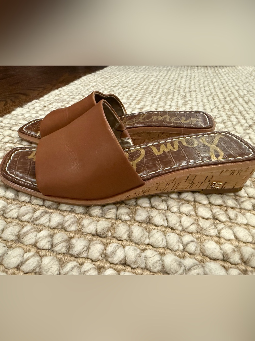 Sam Edelman Camel Leather Slide Wedge Sandals